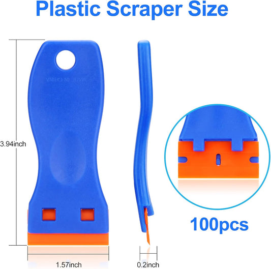 4 Pcs Plastic Razor Blade Scraper and 100 Pcs Blades, Remove Label Decal Tool, Forwithout Scratches Plastic Razor Blade Scraper, Adhesive Remover for Stickers, Gaskets and Paints on Window Car Glass