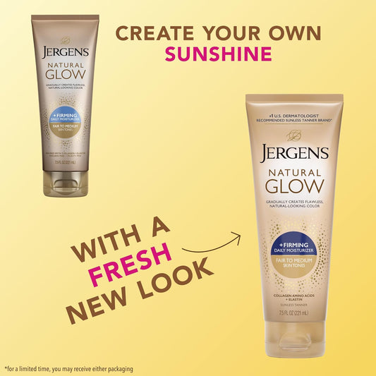 Jergens Natural Glow +Firming Self Tanner Body Lotion, Fair to Medium Skin Tone, Sunless Tanning Moisturizer with Collagen and Elastin. Helps to Visibly Reduce Cellulite, 7.5 Fl Oz