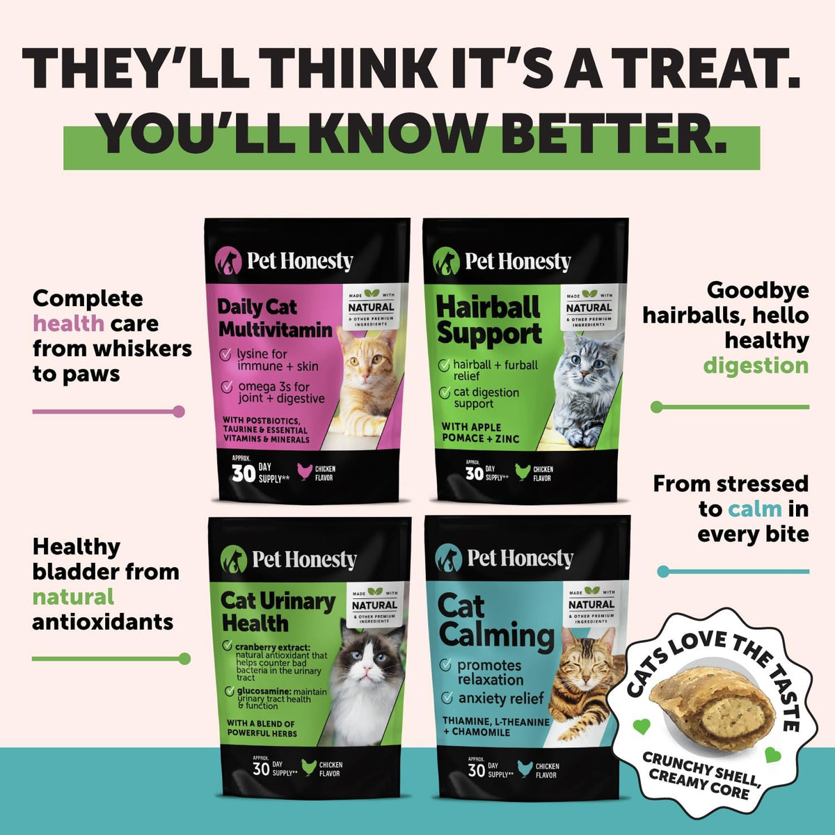 Cat Hairball Support Crunchy & Creamy Chews, Hairball Remedy Treats, Cat Furball Treatment, Supports Skin & Coat, Vitamins for Digestion, Chicken (30-Day Supply)