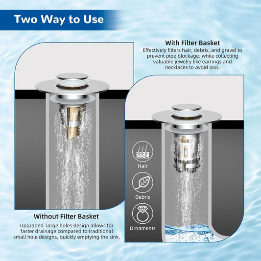 Hibbent Upgraded 3 in 1 Bathroom Sink Drain Strainer, Universal Pop Up Stopper with Removable Stainless Steel Filter Basket Hair Catcher, Sink Plug for 1.1''~2.36'' Basin, Brass Bullet Core, Chrome