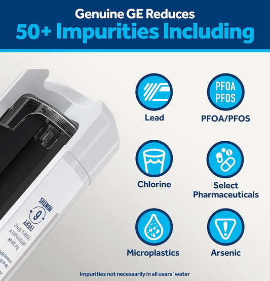 GE XWFE Refrigerator Water Filter, Genuine Replacement Filter, Certified to Reduce Lead, Sulfur, and 50+ Other Impurities, Replace Every 6 Months for Best Results, Pack of 1
