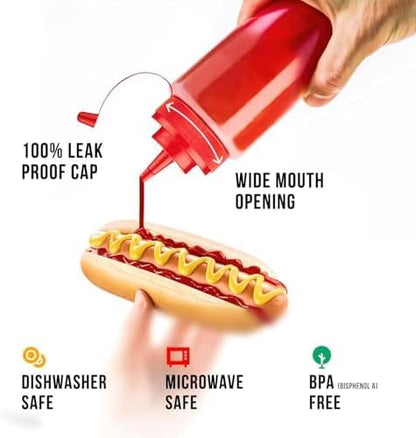 Norcalway 12 oz Condiment Squeeze Bottles for Sauces - Leak Proof Oil, Syrup, Dressing Squirt Bottles - 3 Pack
