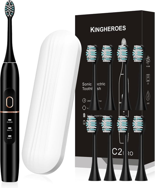 kingheroes Electric Toothbrush Set, Comes with 8 Brush Heads & Travel Case,4 Modes with 2 Minutes Built in Smart Timer, One Charge for 60 Days, 42000 VPM Motor (Black)