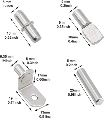 104Pcs Shelf Pins Kit,4 Styles Nickel Plated Shelf Support Pegs,Bookshelf Pegs for Shelves,Cabinet Shelf Bracket Pegs Shelf Pins Holders for Kitchen Furniture & Closet ( 5mm & 1/4inch )
