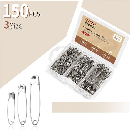 XKDOUS Safety Pins - 150 Pcs Assorted Sizes Silver Pins Bulk - Small & Large Heavy Duty for Clothes, Sewing, Craft