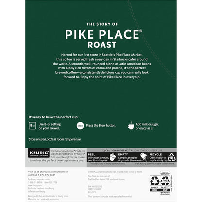 Starbucks K-Cup Coffee Pods, Medium Roast Hot or Iced Coffee, Pike Place Roast, 96 Keurig Pods