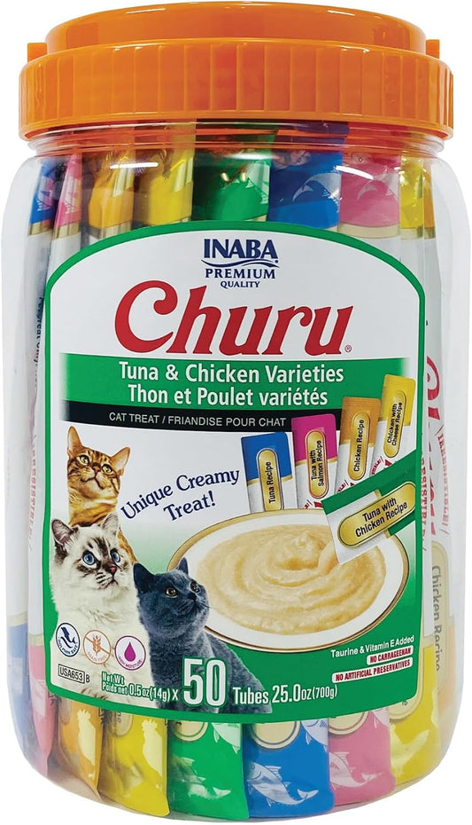 INABA Churu Cat Treats, Grain-Free, Lickable, Squeezable Creamy Purée Cat Treat/Topper with Vitamin E & Taurine, 0.5 Ounces Each Tube, 50 Tubes, Tuna & Chicken Variety