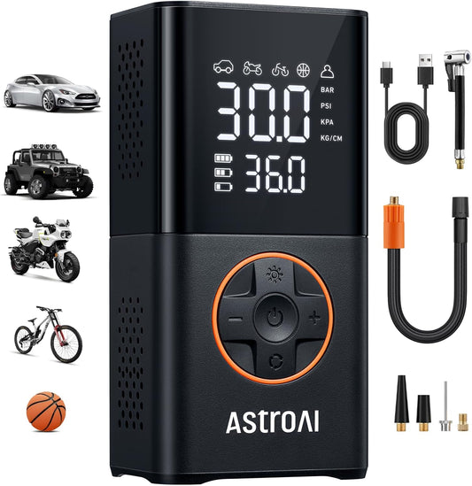 AstroAI L7 Tire Inflator Portable Air Compressor Cordless Mini Bike Pump with Digital Dual Values Display, 150 PSI Car Tires Air Pump with LED Lights&Pressure Gauge for Auto, Motorcycles, Bikes, Balls