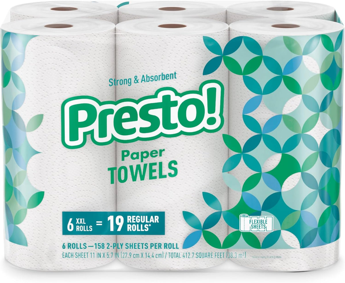 Amazon Brand - Presto! Ultra-Strong Premium Paper Towels, 158 Sheet Huge roll - Flex-a-Size, 6 Rolls, Equivalent to 19 Regular Rolls, White