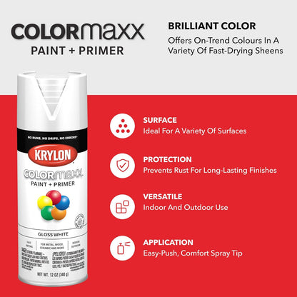Krylon K05545007 COLORmaxx Spray Paint and Primer for Indoor/Outdoor Use, Gloss White 12 Oz (Pack of 1)