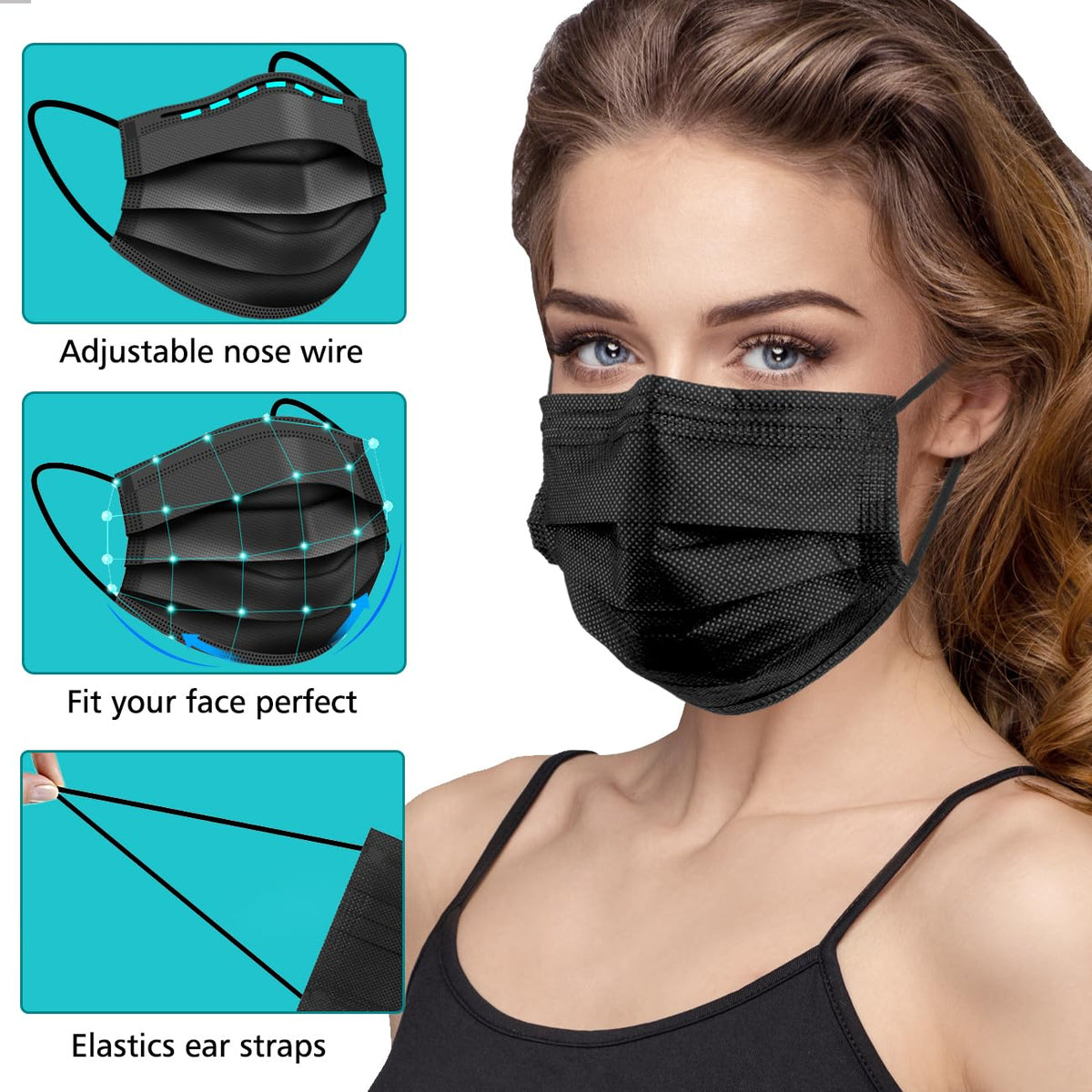 ZTANPS 100 PCS Disposable Face Masks, Black Disposable Masks, 3 Ply Protection Face Masks