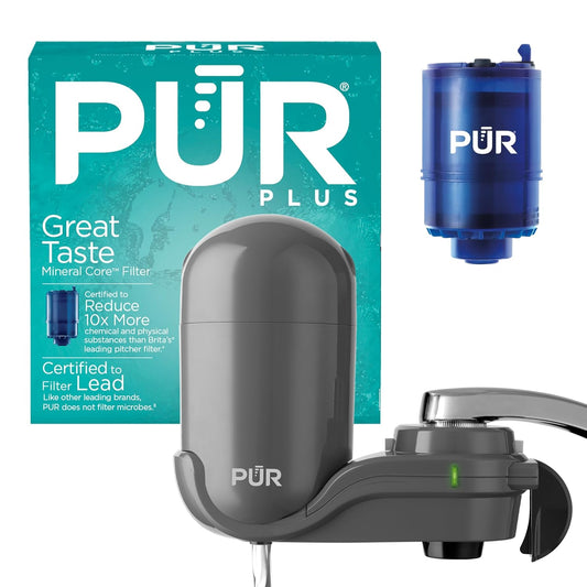 PUR Plus Vertical Faucet-Mount Water Filtration System, Lead-Reducing Filter, Easy Installation, 100-Gallon Capacity, Compatible with External Aerators, Grey