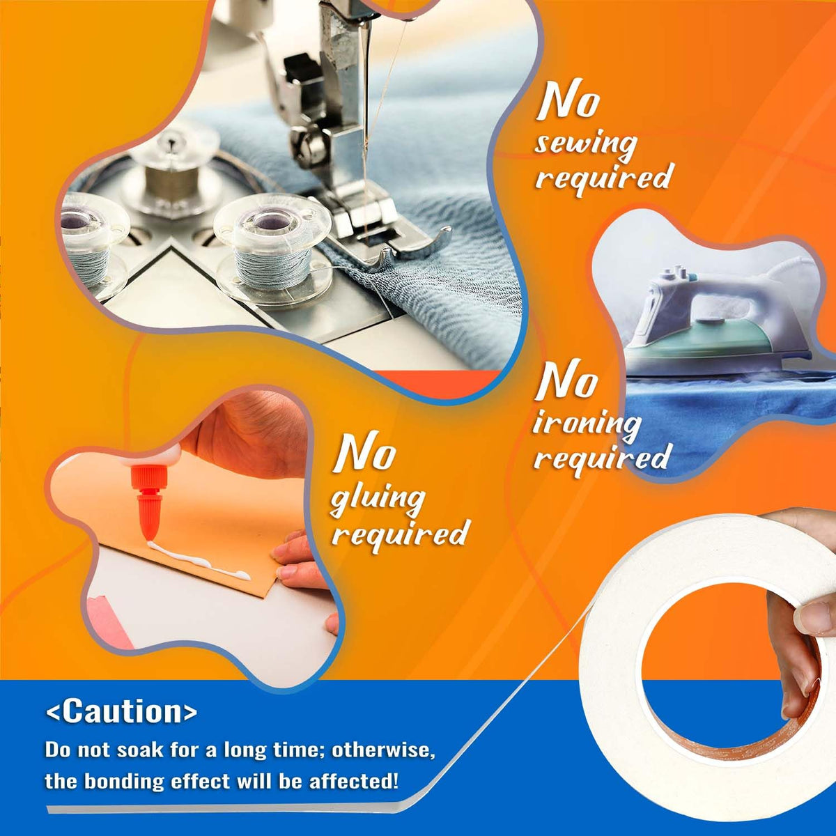 YONGJIN Double-Sided Fabric Tape (2 Rolls) - No Sewing or Ironing Required, Perfect for Quick Clothing Repairs, Fabric Bonding, Adhesive Cloth Tape for Hemming and DIY Crafts (1/4inch+1/2inch)