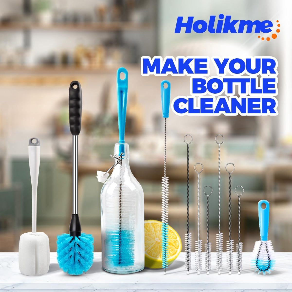 Holikme Bottle Brush Tube Cleaning Lab Set with Long Handle, Cup Cleaner for Washing Narrow Neck Beer Wine Decanter Pipes Lids Sinks Cap Covers, White