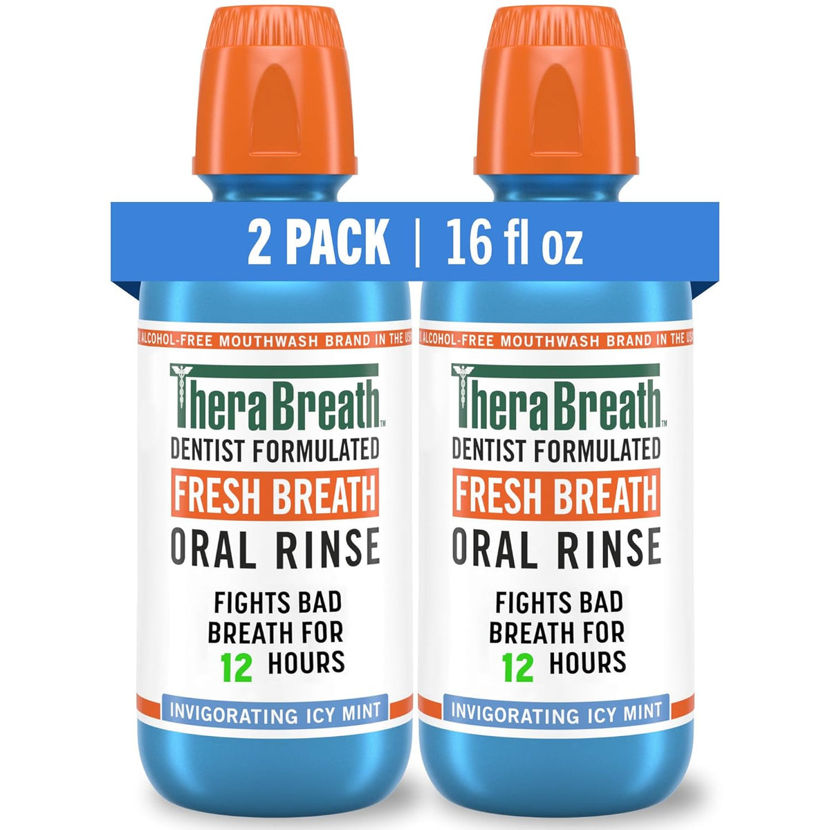 TheraBreath Fresh Breath Mouthwash, Icy Mint Flavor, Alcohol-Free, 16 Fl Oz (Pack of 2)