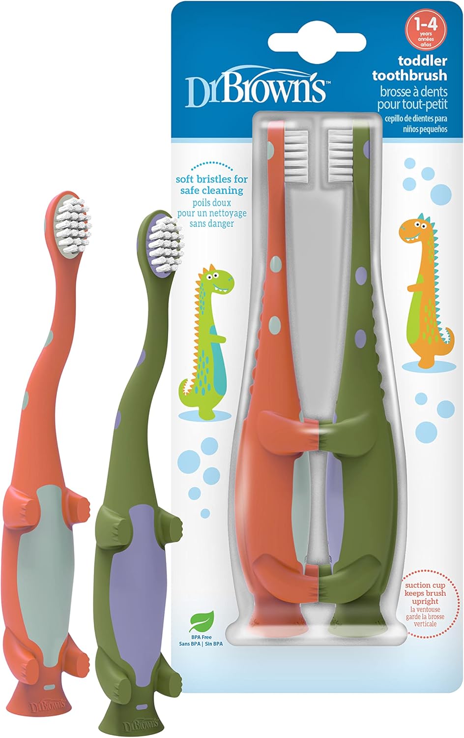 Dr. Brown's Baby and Toddler Toothbrush, Green and Orange Dinosaur 2-Pack, 1-4 Years