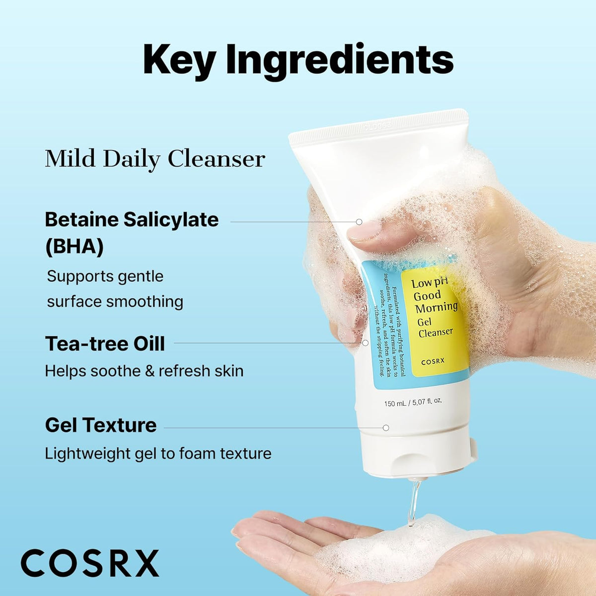 COSRX Low pH Good Morning Gel Face Cleanser, 5.07 fl oz, BHA Face Wash, Daily Mild Face Cleanser for Sensitive Skin, PH Balancing, Korean Skin Care, Korean Face Wash