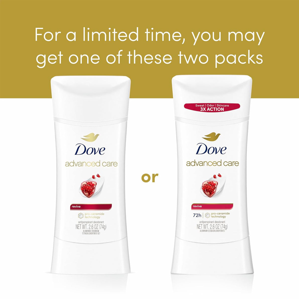 Dove Advanced Care Antiperspirant Deodorant for Women Twin Pack Revive 72 hour sweat and odor protection 2.6 oz (Packaging May Vary)
