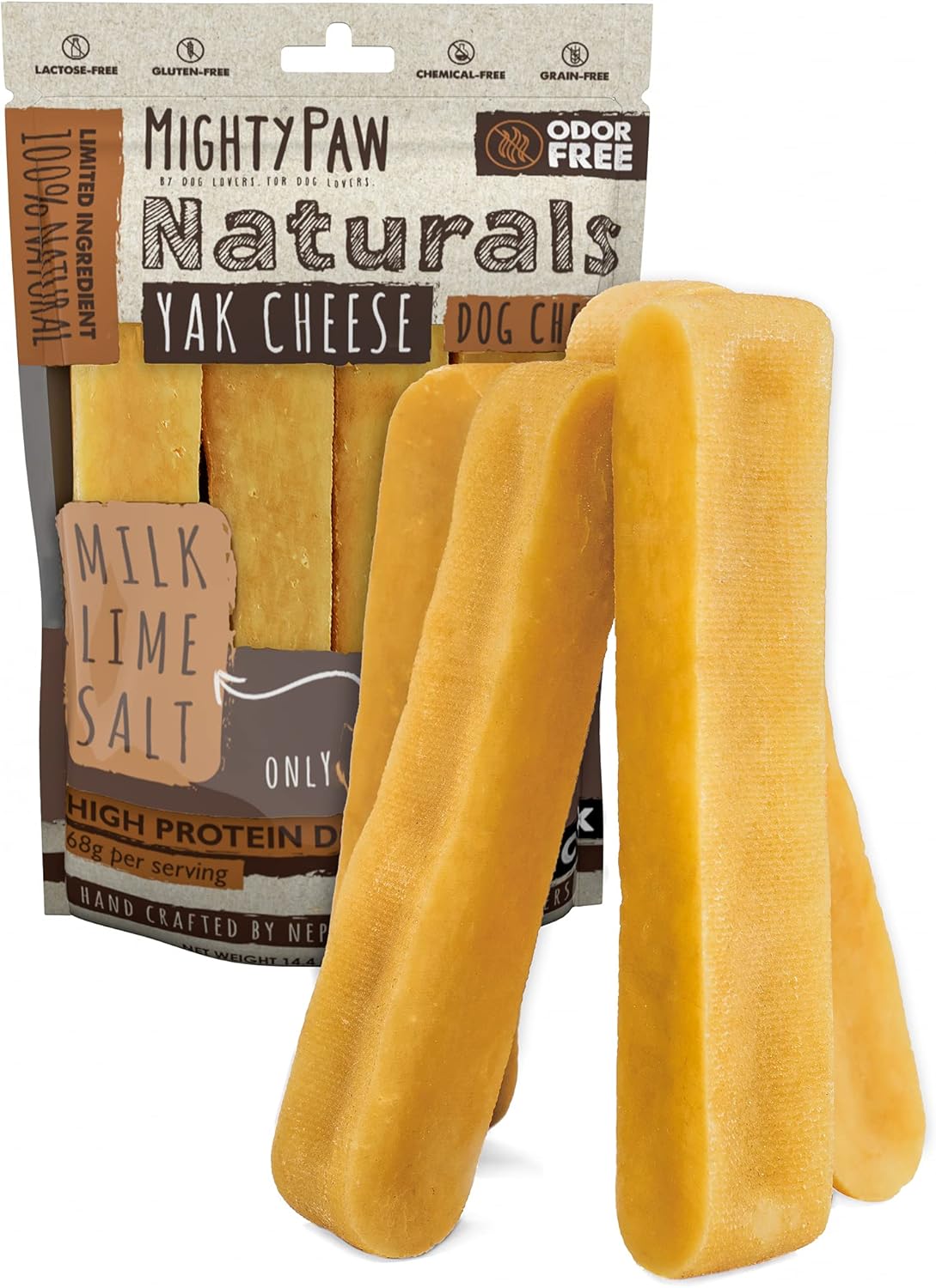 Mighty Paw Yak Cheese Dog Chews – All-Natural Long Lasting Hard Chew for Aggressive Chewers – High Protein, Odor-Free Dog Treat – 3 Ingredient Natural Yak Chews for Large Dogs – (4 Pack)