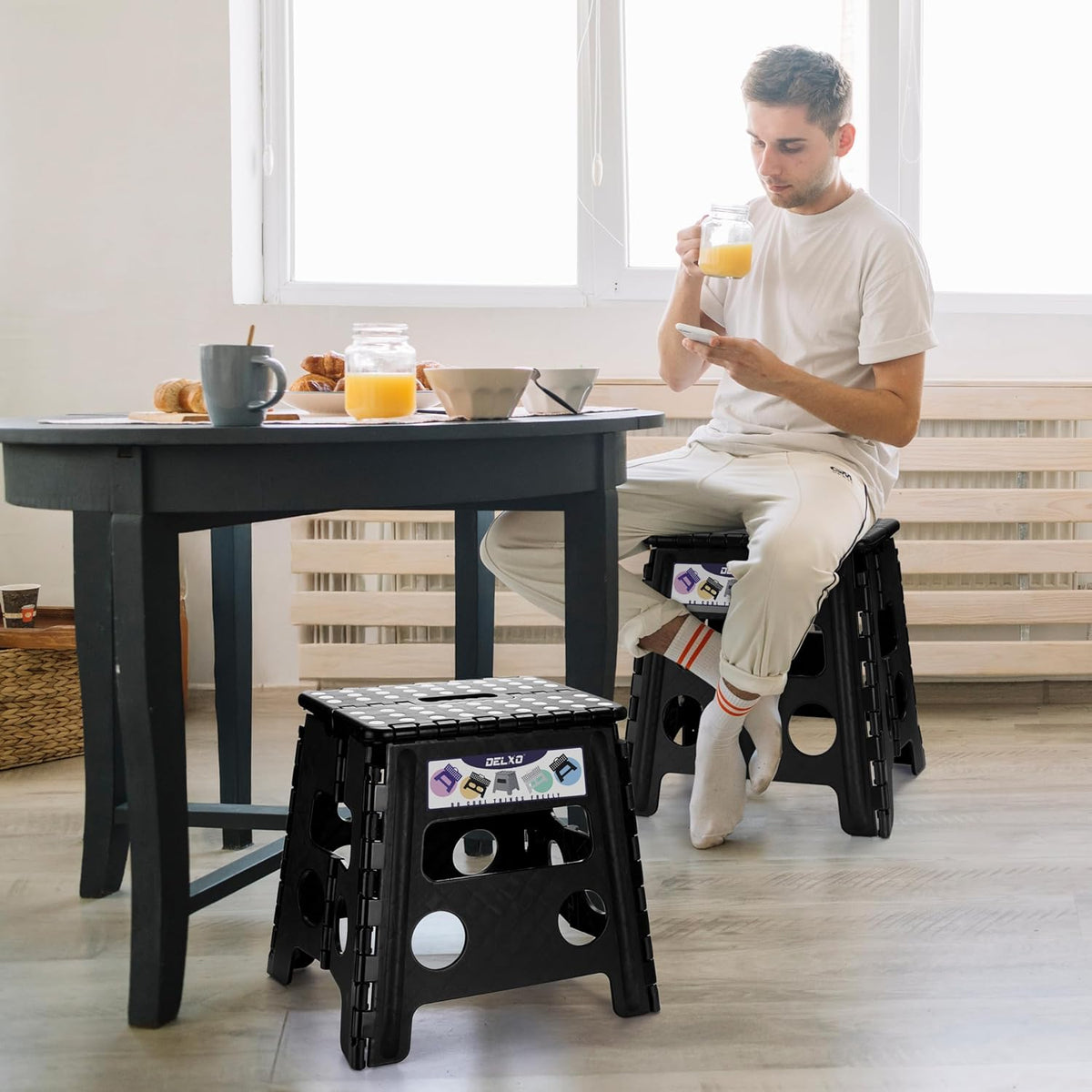 Delxo Folding Step Stool, 13 inch Non-Slip Foldable Stools Up to 300 LBS, Step Stool with Handle, Lightweight for Kitchen, Bathroom, Bedroom, Garden, Black, 1PC