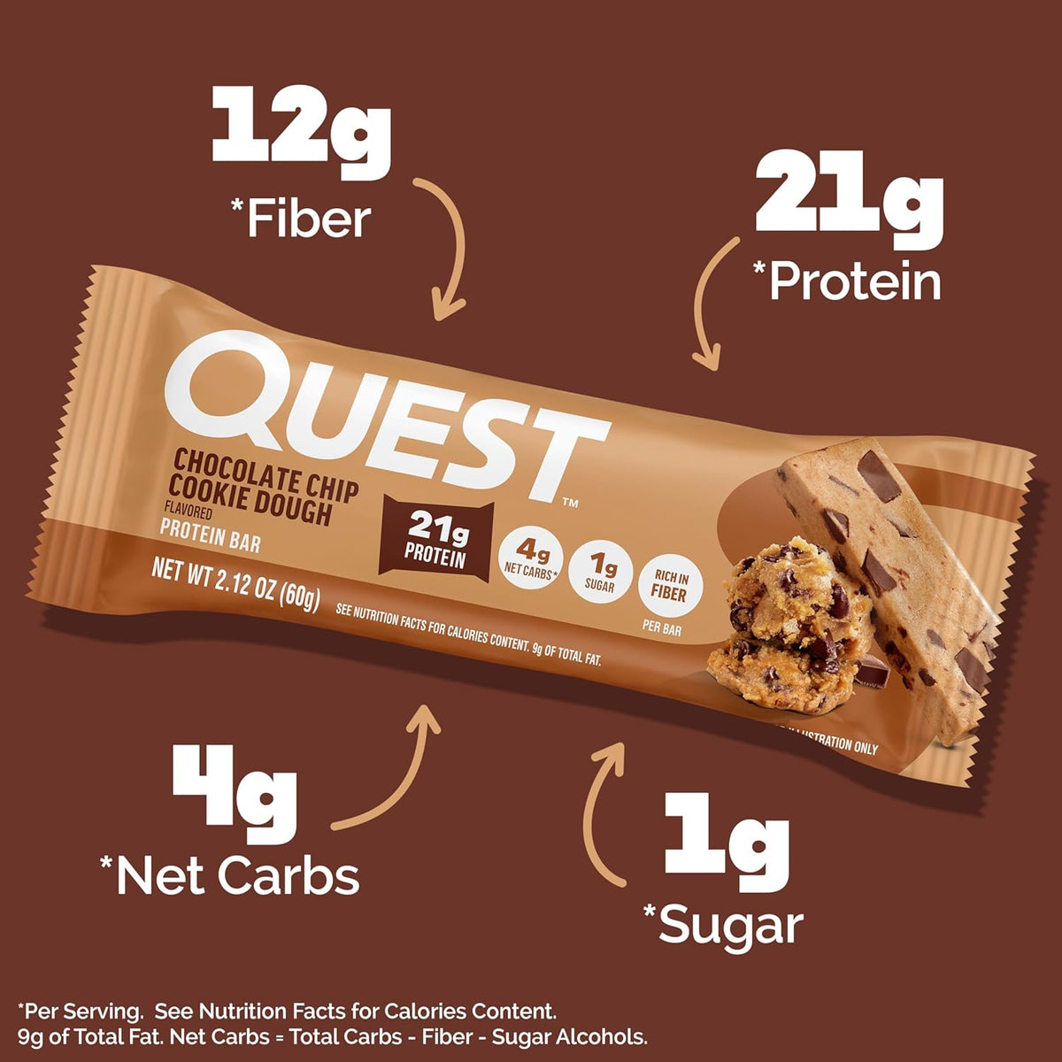 Quest Nutrition Chocolate Chip Cookie Dough Protein Bars, High Protein, Low Carb, Gluten Free, Keto Friendly, 12 Count