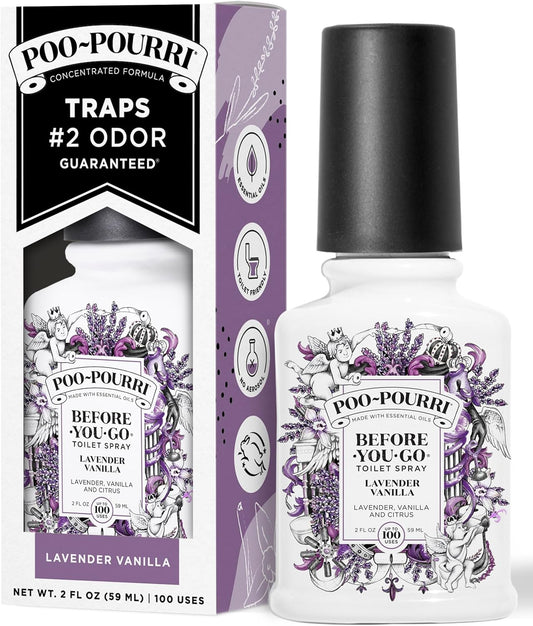 Poo-Pourri Before-You-Go Toilet Spray, Lavender Vanilla, 2 Fl Oz, Up to 100 Uses, Bathroom Odor Deodorizer with Essential Oils for Home or Work, Travel Essentials, TSA Approved Size