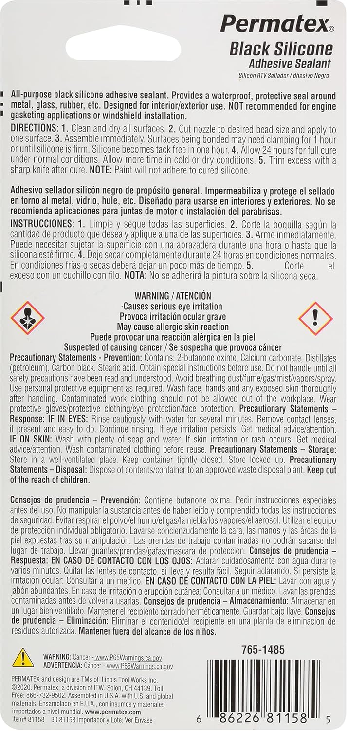 Permatex 81158 Black Silicone Adhesive Sealant, 3 oz. Tube, Pack of 1