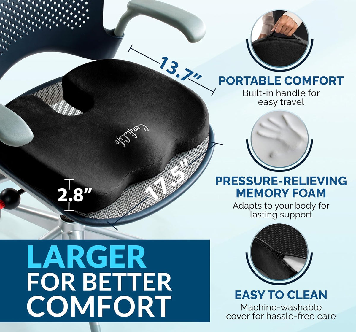ComfiLife Premium Gel & Memory Foam Seat Cushion – Doctor Recommended Office Chair Cushion, Car Seat Cushion – Chair Cushions for Back & Sciatica Pain Relief – Seat Cushions for Office & Desk (Black)
