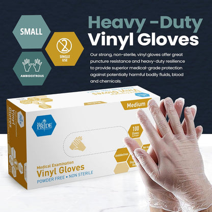 MED PRIDE Disposable Medical Grade Vinyl Exam Gloves, Latex & Powder Free, Ultra-Strong, for Healthcare & Food Handling (Medium (Pack of 100) 100 Clear)