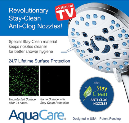 AquaCare High Pressure 8-mode Handheld Shower Head - Anti-clog Nozzles, Built-in Power Wash to Clean Tub, Tile & Pets, Extra Long 6 ft. Stainless Steel Hose, Wall & Overhead Brackets