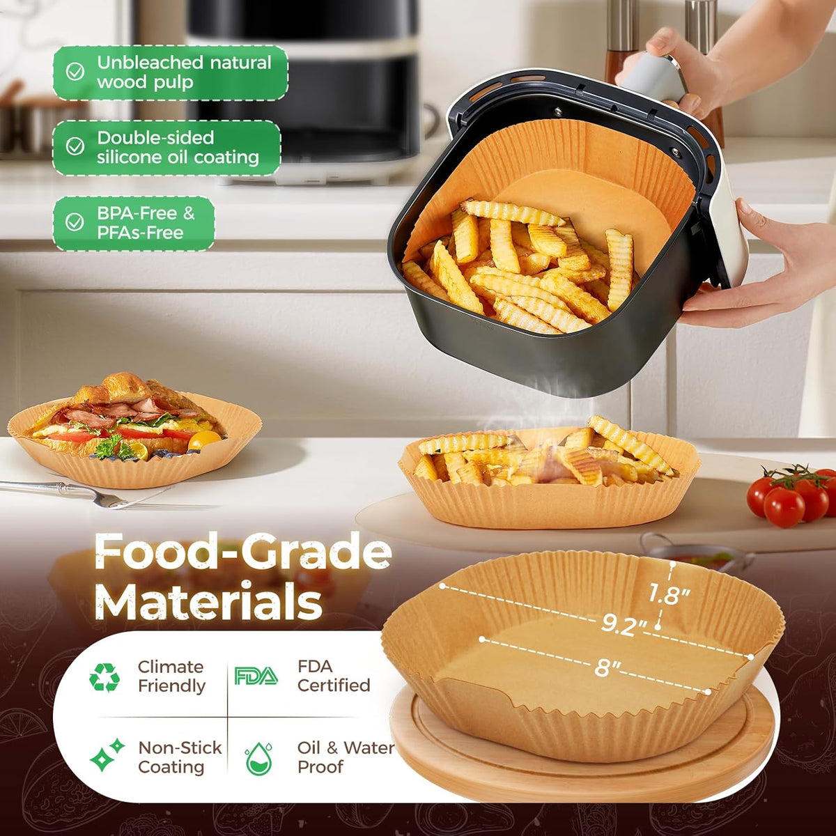 Air Fryer Liners Disposable, 150Pcs 8" Square [Food Grade Material] Unbleached Parchment Paper Liners Non-Stick & Waterproof Oilproof for 5-8 QT Airfryer Basket, Baking, Roasting Microwave, Oven